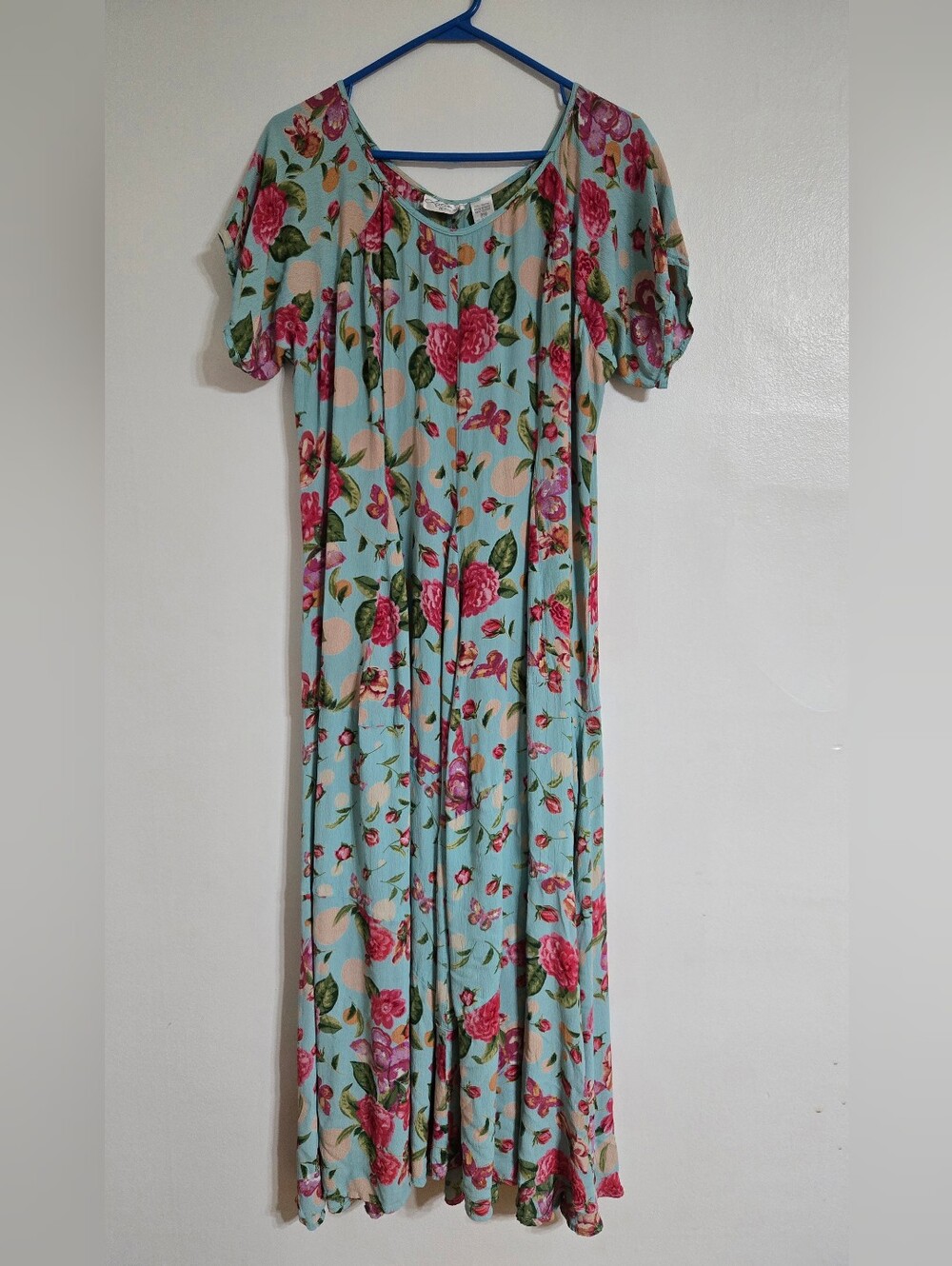 Lola P. Mint Blue Maxi Dress with Pink Rose Print